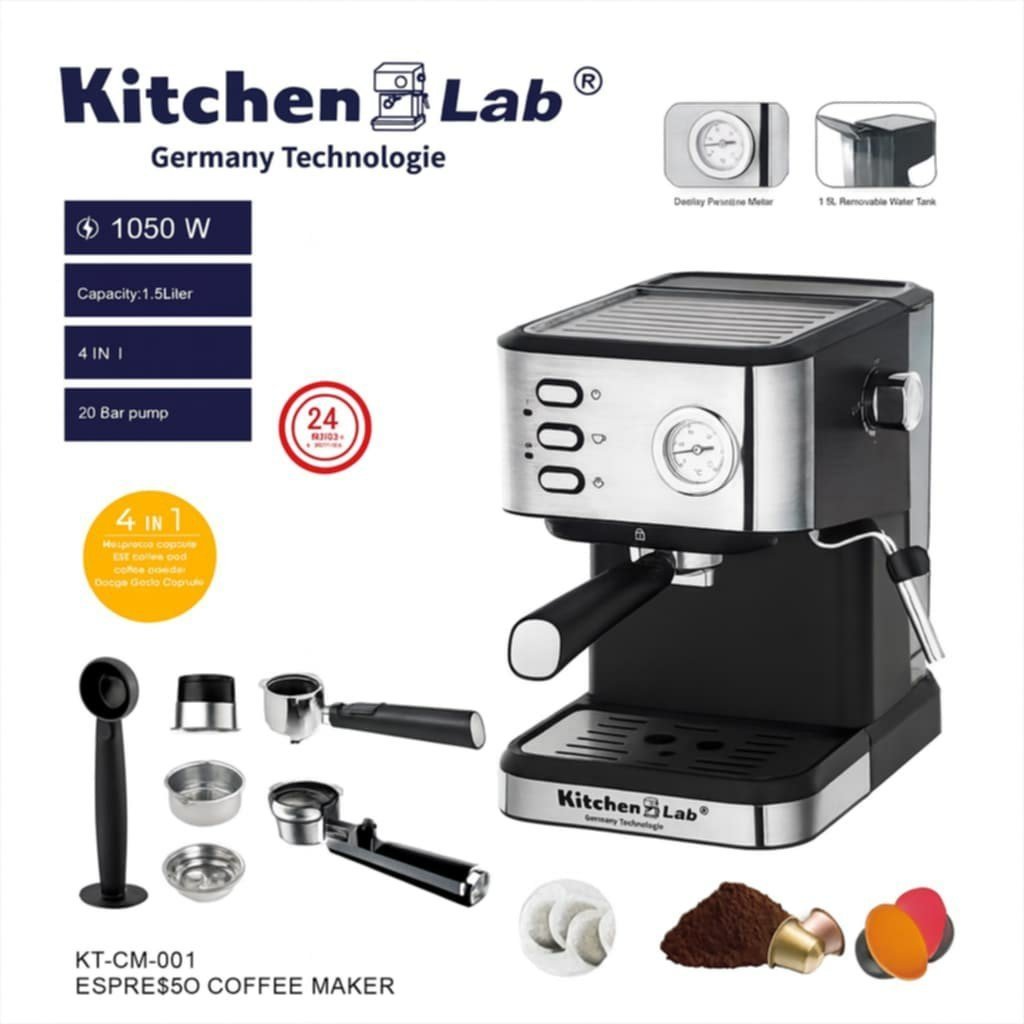 Cafetière inox a Bras 4 en 1 – 20 Bars 1050W 1.5L Café Poudre et MultiCaps KitchenLab KT-CM-001 - La Casa d'Algérie Cafetière inox a Bras 4 en 1 – 20 Bars 1050W 1.5L Café Poudre et MultiCaps KitchenLab KT-CM-001 – Image 1