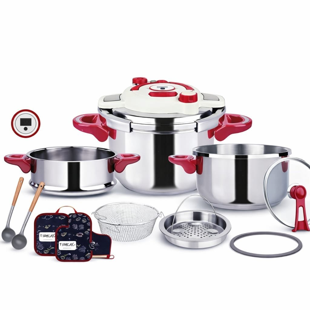 Cocotte inox 14 pcs 5+7L avec Minuteur en inox 18/10 Tirex - La Casa d'Algérie Cocotte inox 14 pcs 5+7L avec Minuteur en inox 18/10 Tirex – Image 1