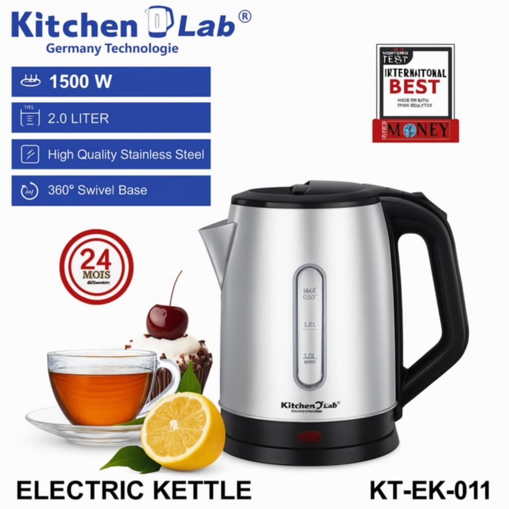 Bouilloire Electrique Sans Fil En inox 02 L 1500W KitchenLab KT-EK-011 - La Casa d'Algérie Bouilloire Electrique Sans Fil En inox 02 L 1500W KitchenLab KT-EK-011 – Image 1