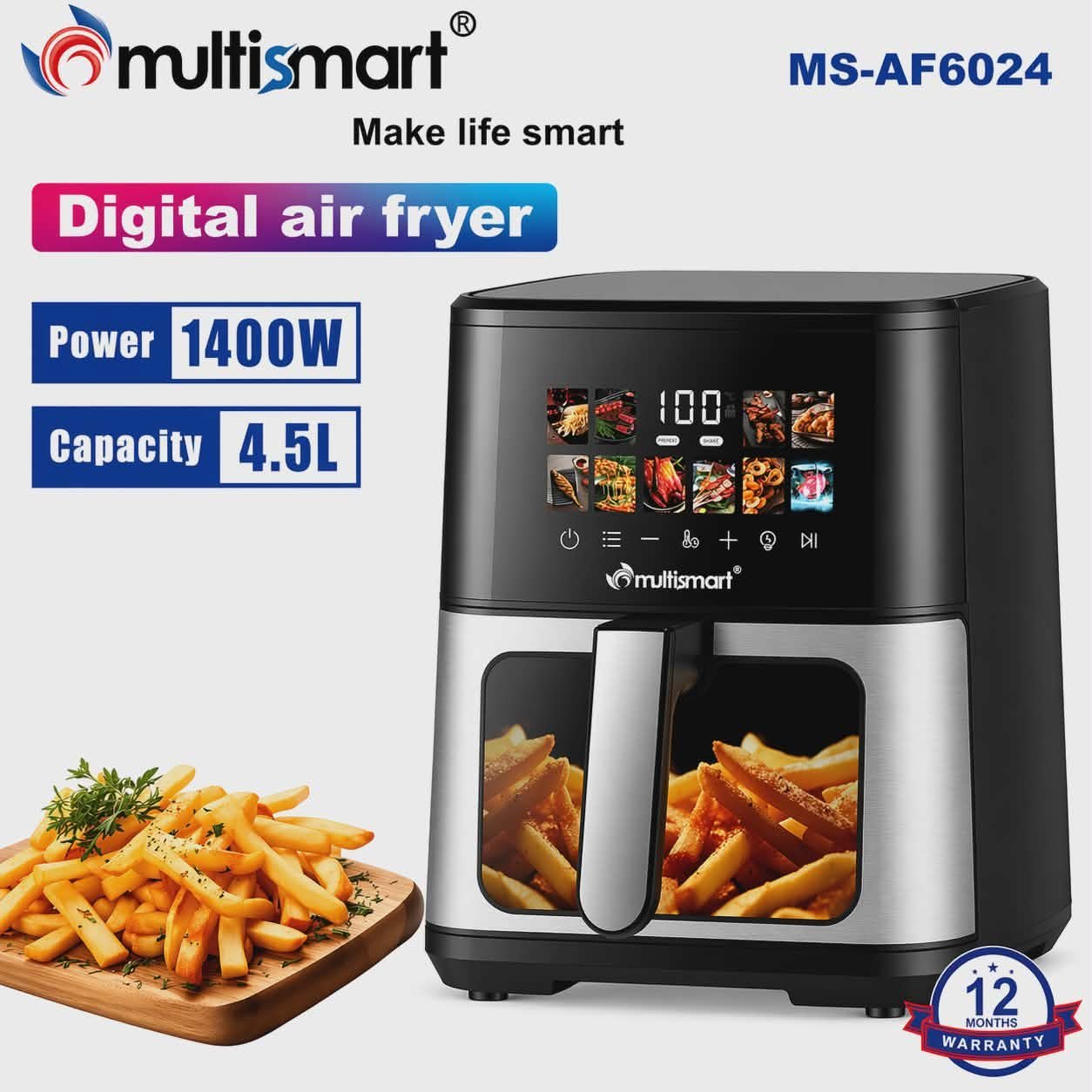 Friteuse inox Sans Huile 4.5L 1400W Numérique Avec Fenêtre Visible Multismart MS-AF6024 - La Casa d'Algérie Friteuse inox Sans Huile 4.5L 1400W Numérique Avec Fenêtre Visible Multismart MS-AF6024 – Image 1