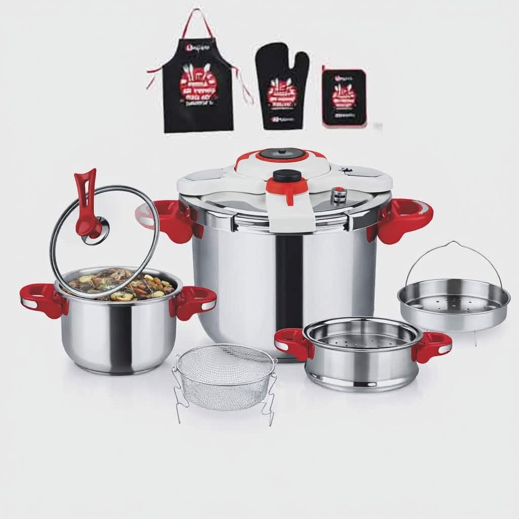 Cocotte minute clipso 11 pcs 5+7 L avec minuterie en Inox 18/10 Unipro Original Beige UP-CM7+5SSR - La Casa d'Algérie Cocotte minute clipso 11 pcs 5+7 L avec minuterie en Inox 18/10 Unipro Original Beige UP-CM7+5SSR – Image 1