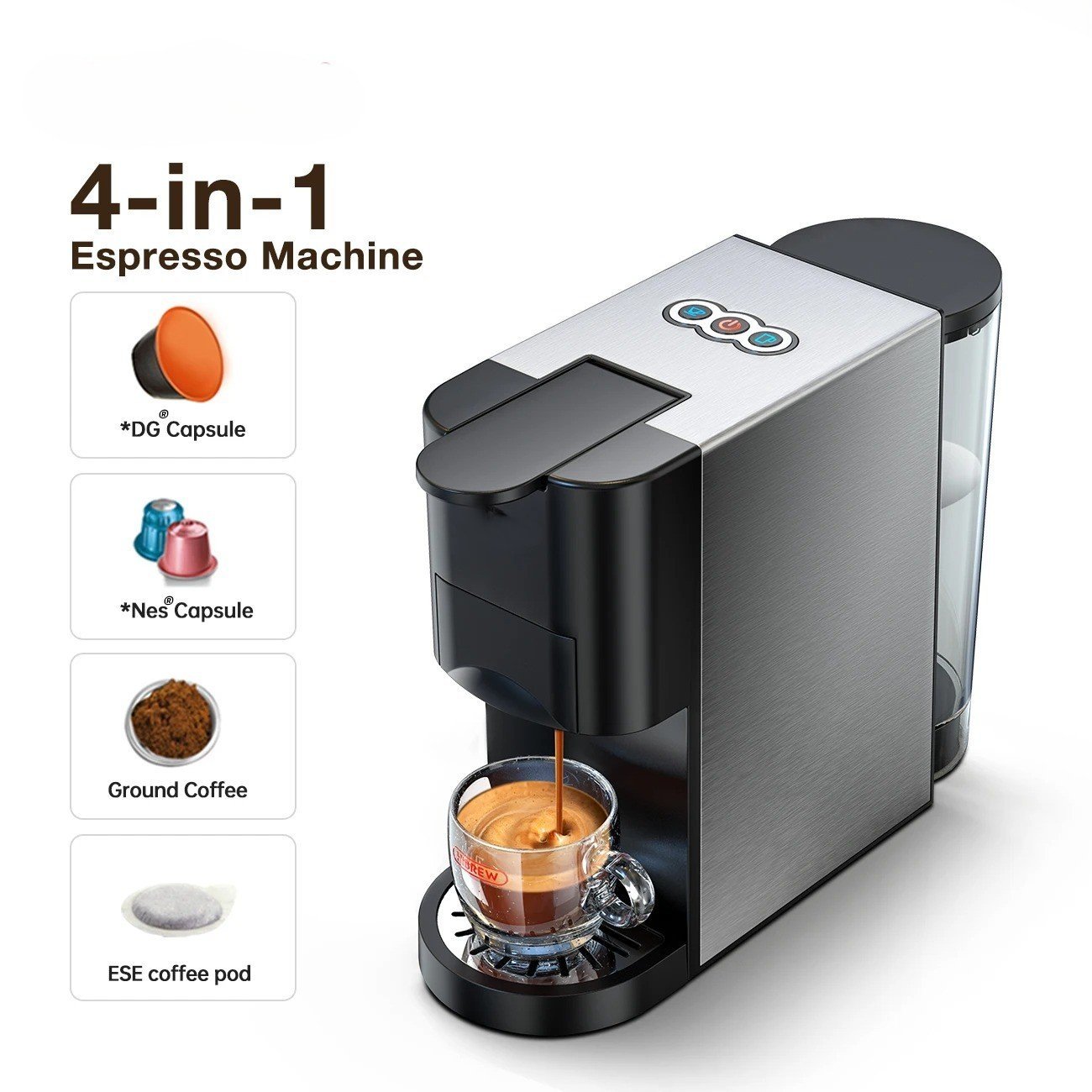Cafetière inox 4 en 1 Multi-Capsules et Café Poudre19 Bar 1450W Brendmann BS-600L - La Casa d'Algérie Cafetière inox 4 en 1 Multi-Capsules et Café Poudre19 Bar 1450W Brendmann BS-600L – Image 1
