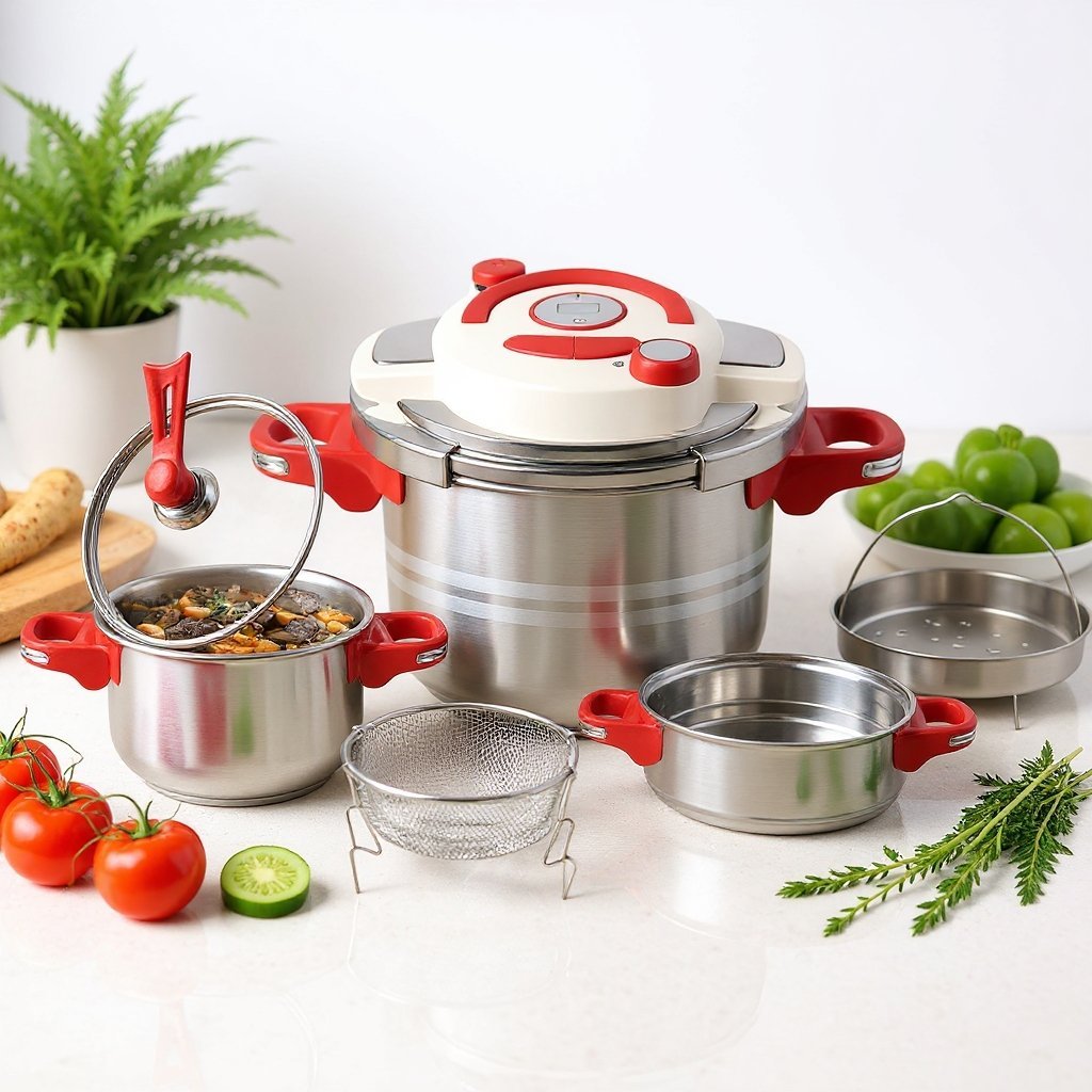 Cocotte minute clipso 8 pcs 05+07 L avec minuterie en Inox 18/10 Unipro Original UP-CM7+5SB - La Casa d'Algérie Cocotte minute clipso 8 pcs 05+07 L avec minuterie en Inox 18/10 Unipro Original UP-CM7+5SB – Image 1
